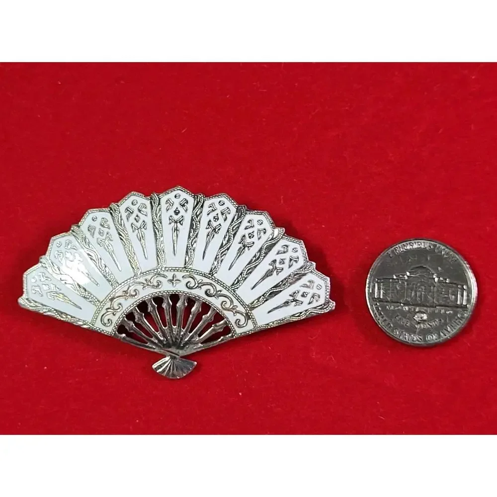 Vintage Rare Siam Goddess Sterling Silver Fan Brooch White Enamel
